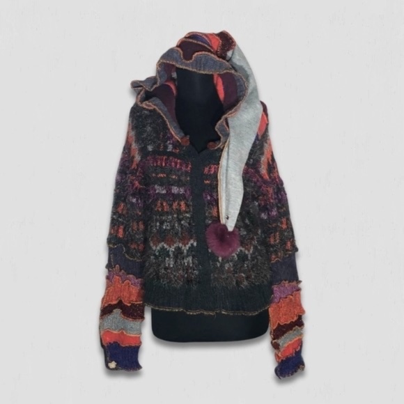 Handcrafted Patch Knitted Sweater Upcycled Fairy Elf Pointy Hood Multicolor sz M - Picture 1 of 14